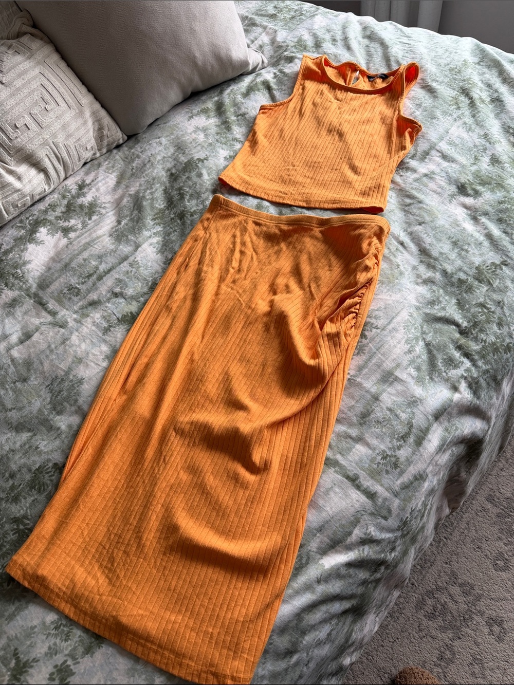 Sleeveless Ribbed Midi Skirt Set in Orange